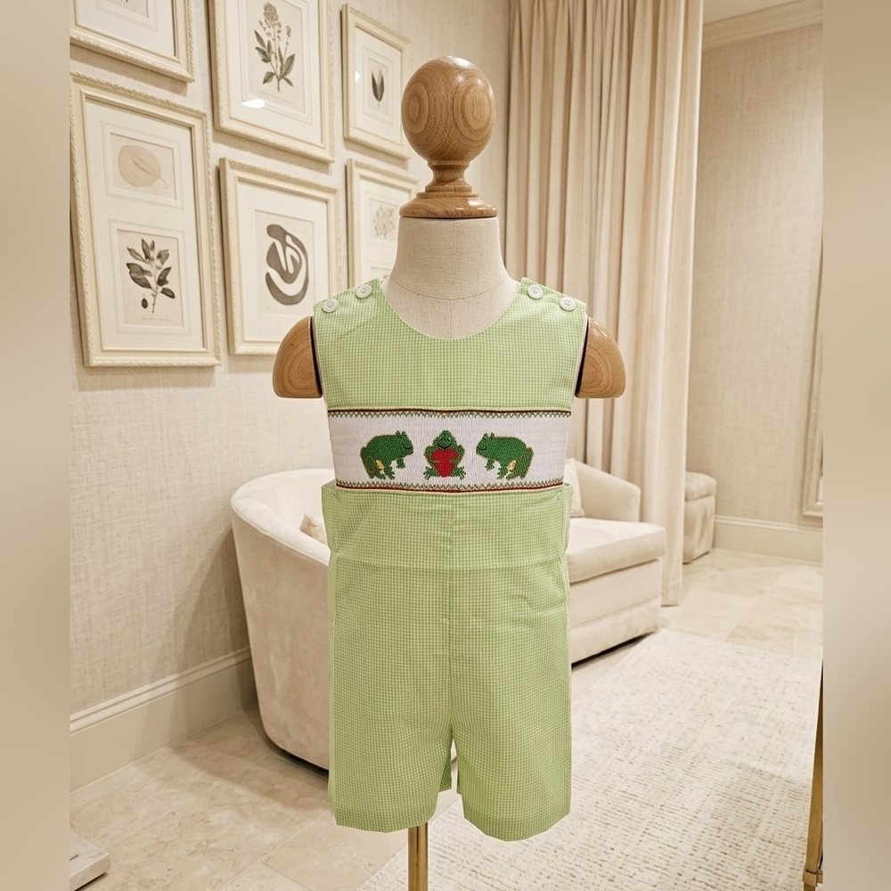 Mom & Me Toddler Boy Green & White Gingham Smocked Jon Jon Frogs Hearts 🐸💚
